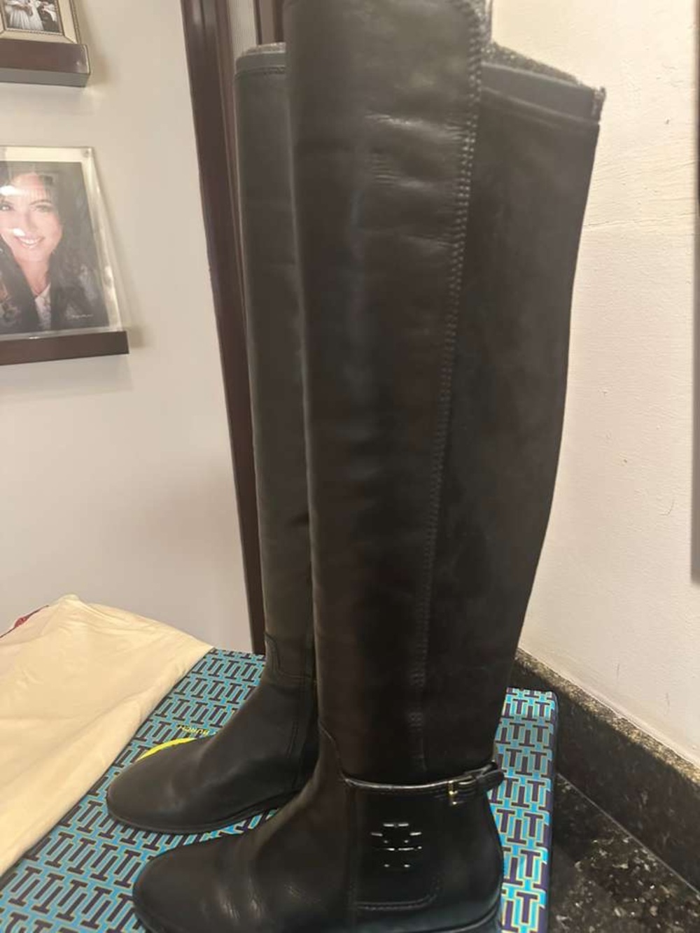 Tory Burch Black Leather Knee-High Heeled Boots